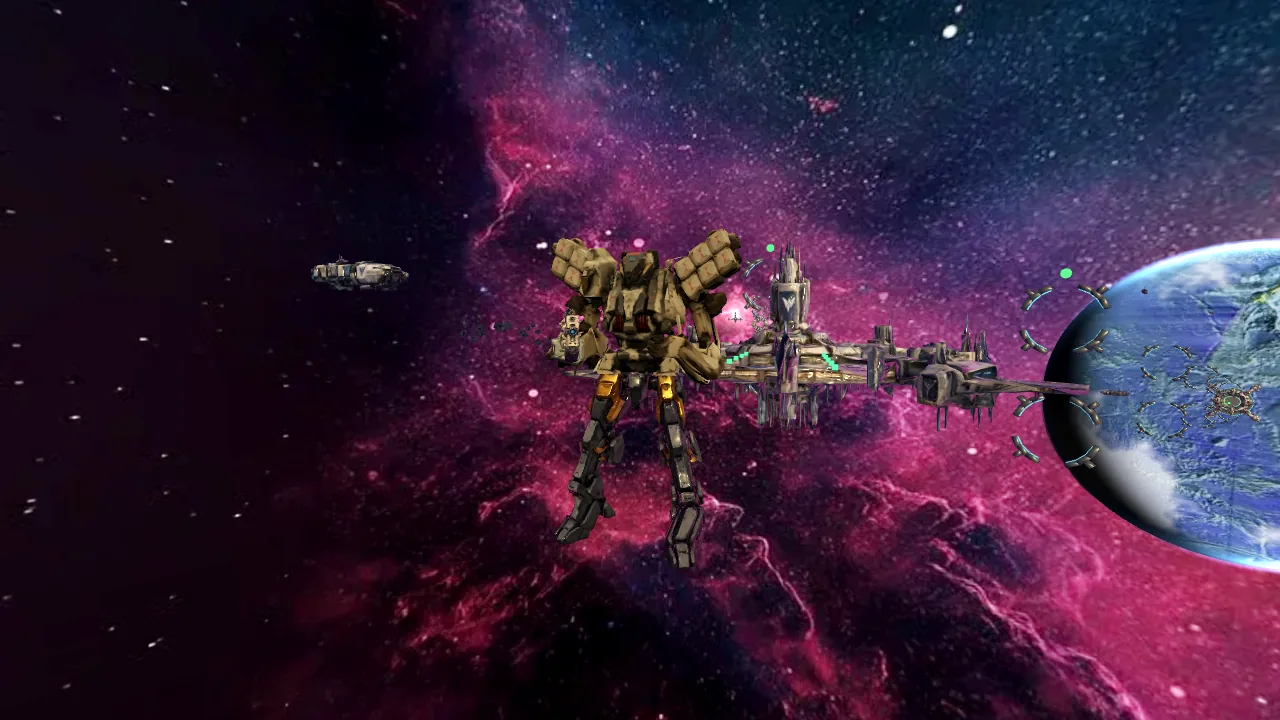 A mixed mech in flight near a station